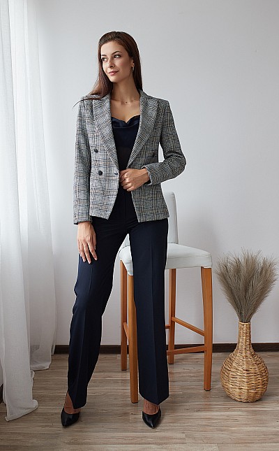 Wool Jacket in Gray and Blue Check with Double Breasted Closure 24526 / 2025