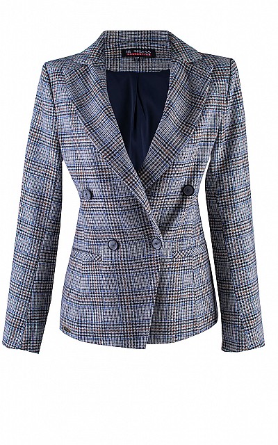 Wool Jacket in Gray and Blue Check with Double Breasted Closure 24526 / 2025